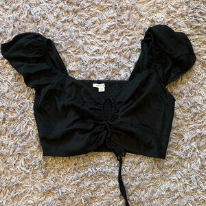 American Eagle Outfitters Black Tie-Front Puff Sleeve Crop Top